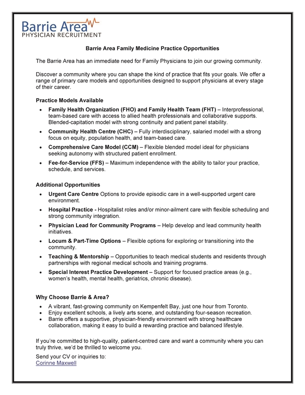 Barrie Area Family Medicine Practice Opportunities